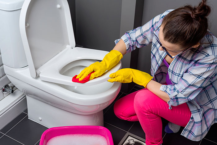 mulher limpando uma patente de banheiro