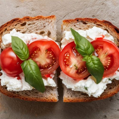 Sanduíche de queijo cottage com tomate e manjericão 