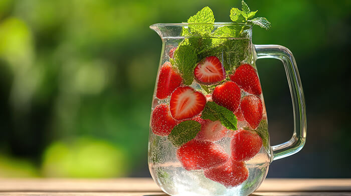 água saborizada de morango e hortelã