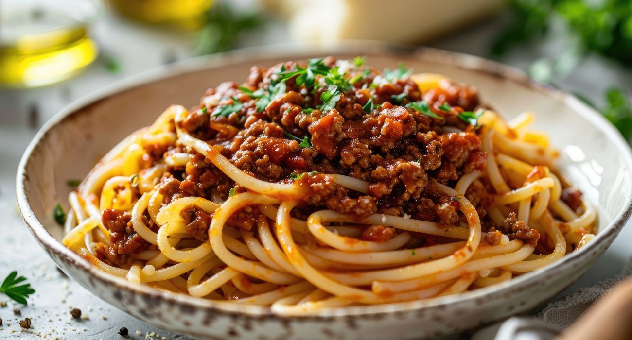 Prato De Macarrão Com Carne Moída.