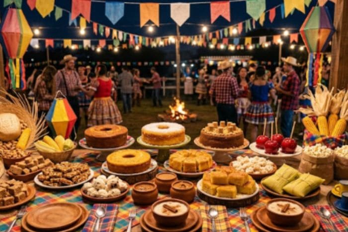 Mesa de bolos juninos organizada no arraiá