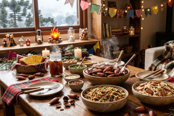 Mesa junina com pratos de pinhão