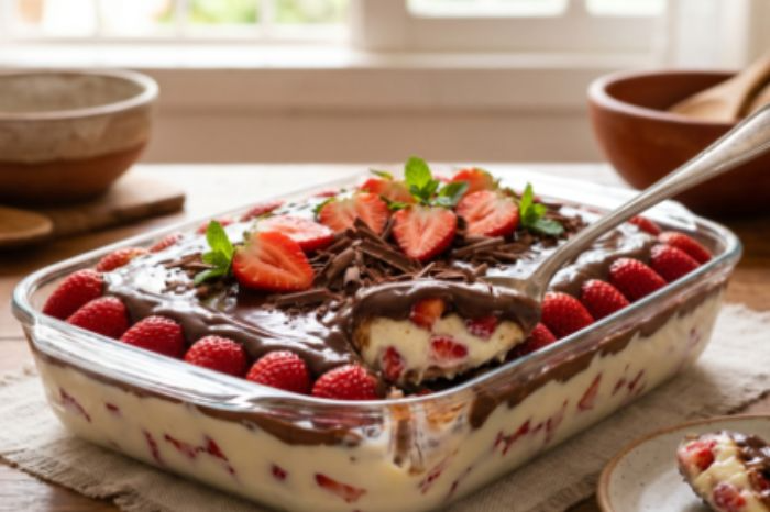 Travessa de morango com chocolate.