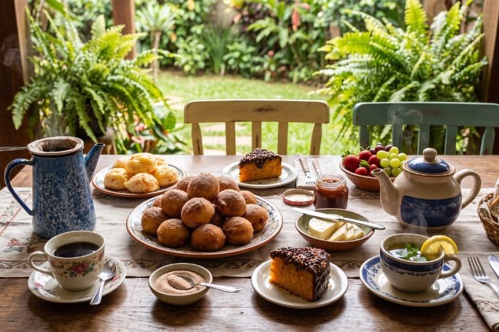 Mesa de bolinhos de chuva com acompanhamentos