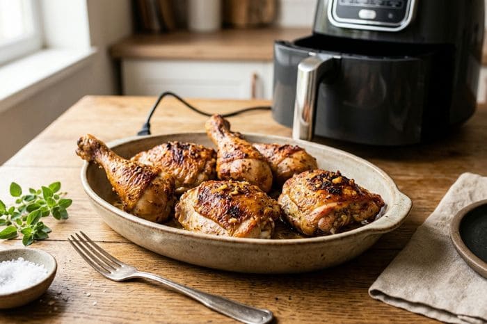 Coxa e sobrecoxa feita na airfryer.