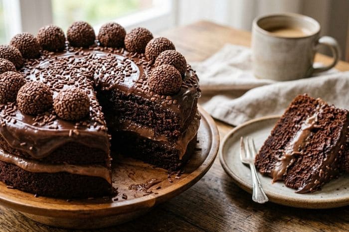 Bolo de chocolate recheio de brigadeiro decorado.